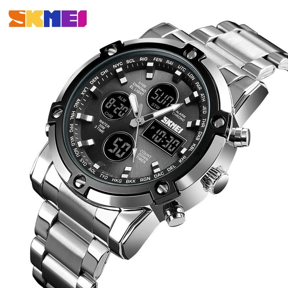 Multifunctional Stainless Steel Belt Waterproof Men's Leisure Square Dial Double Luminous Chronograph Sports Electronic Watch