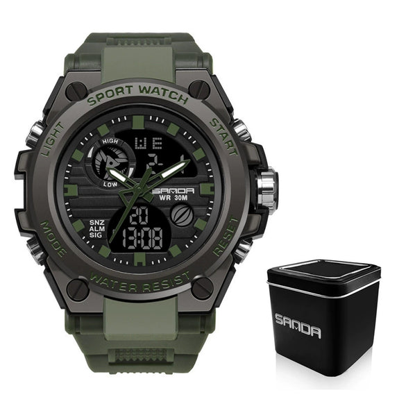 Multifunctional Waterproof Electronic Sports Watch Metal Case Plastic Mirror Silicone Strap Round Dial