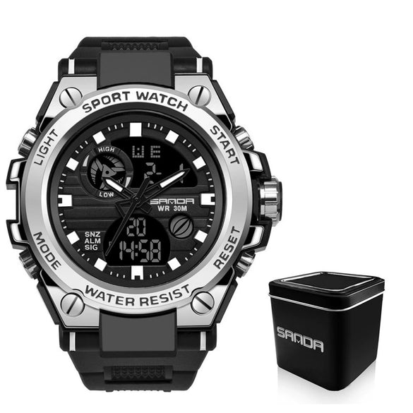 Multifunctional Waterproof Electronic Sports Watch Metal Case Plastic Mirror Silicone Strap Round Dial