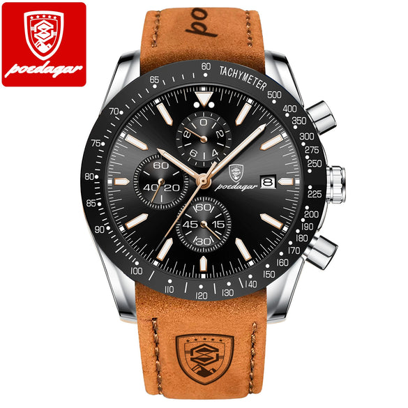 Multifunctional Waterproof Luminous Men's Alloy Leather Quartz Watch With Round Dial And Pin Buckle