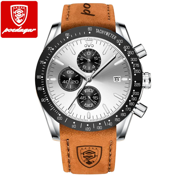 Multifunctional Waterproof Luminous Men's Alloy Leather Quartz Watch With Round Dial And Pin Buckle