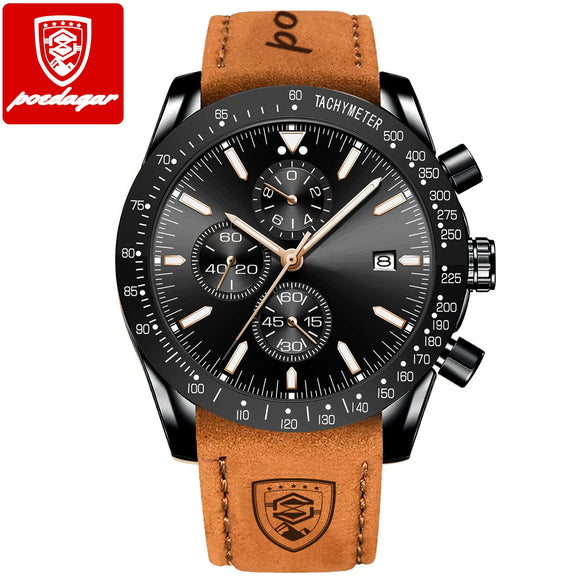 Multifunctional Waterproof Luminous Men's Alloy Leather Quartz Watch With Round Dial And Pin Buckle