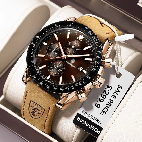 Multifunctional Waterproof Luminous Men's Alloy Leather Quartz Watch With Round Dial And Pin Buckle