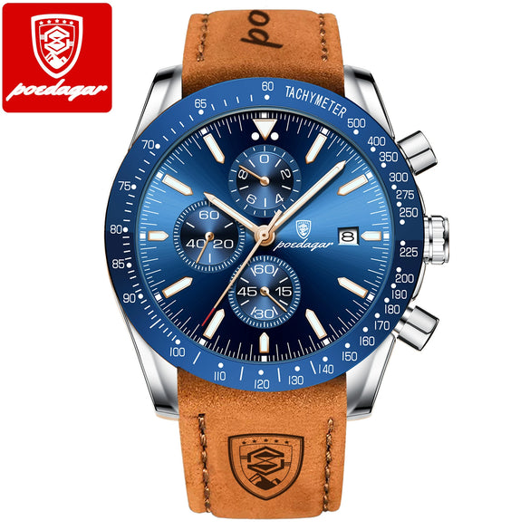 Multifunctional Waterproof Luminous Men's Alloy Leather Quartz Watch With Round Dial And Pin Buckle
