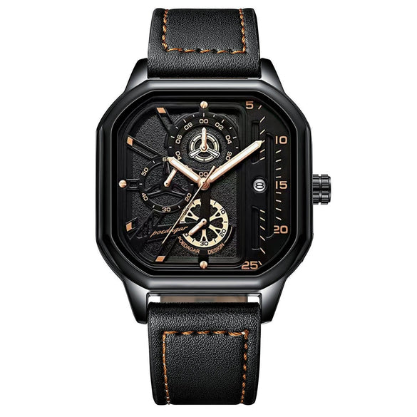 Multifunctional Waterproof Luminous Quartz Men's Watch Alloy Case Genuine Leather Strap Square Dial