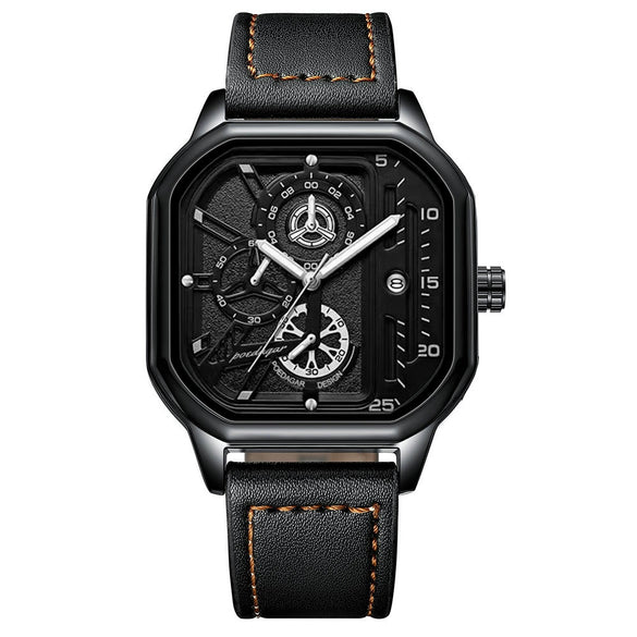 Multifunctional Waterproof Luminous Quartz Men's Watch Alloy Case Genuine Leather Strap Square Dial