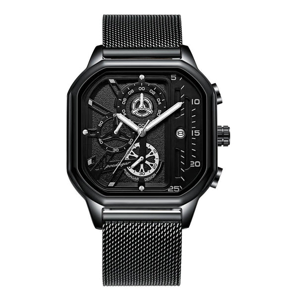 Multifunctional Waterproof Luminous Quartz Men's Watch Alloy Case Genuine Leather Strap Square Dial