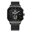 Multifunctional Waterproof Luminous Quartz Men's Watch Alloy Case Genuine Leather Strap Square Dial