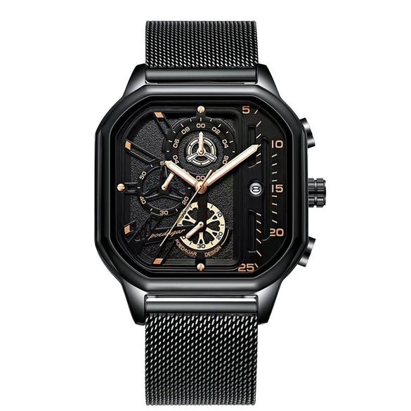 Multifunctional Waterproof Luminous Quartz Men's Watch Alloy Case Genuine Leather Strap Square Dial