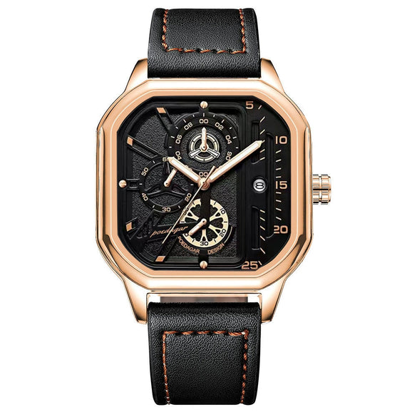 Multifunctional Waterproof Luminous Quartz Men's Watch Alloy Case Genuine Leather Strap Square Dial