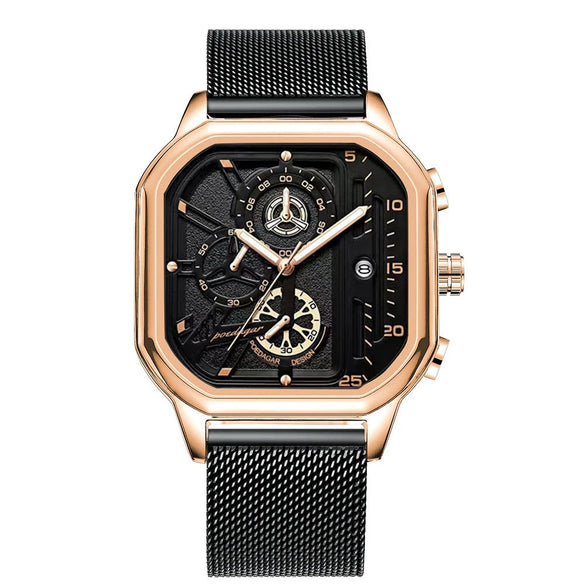 Multifunctional Waterproof Luminous Quartz Men's Watch Alloy Case Genuine Leather Strap Square Dial
