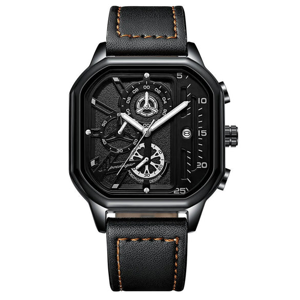 Multifunctional Waterproof Luminous Quartz Men's Watch Alloy Case Genuine Leather Strap Square Dial