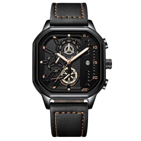 Multifunctional Waterproof Luminous Quartz Men's Watch Alloy Case Genuine Leather Strap Square Dial