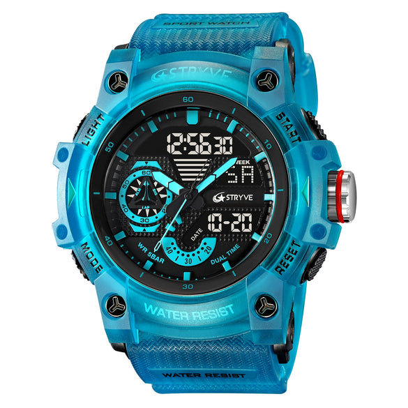 Multifunctional Waterproof Sports Watch For Men Resin Case Pu Strap Geometric Style Round Dial