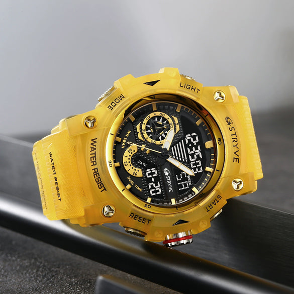 Multifunctional Waterproof Sports Watch For Men Resin Case Pu Strap Geometric Style Round Dial