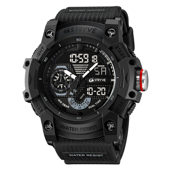Multifunctional Waterproof Sports Watch For Men Resin Case Pu Strap Geometric Style Round Dial