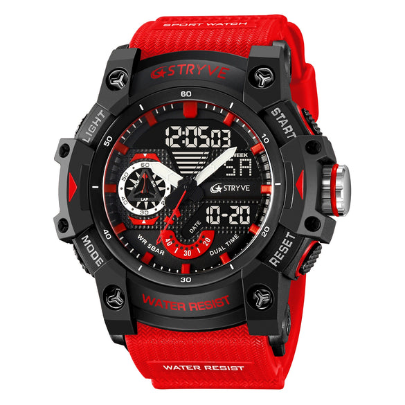 Multifunctional Waterproof Sports Watch For Men Resin Case Pu Strap Geometric Style Round Dial