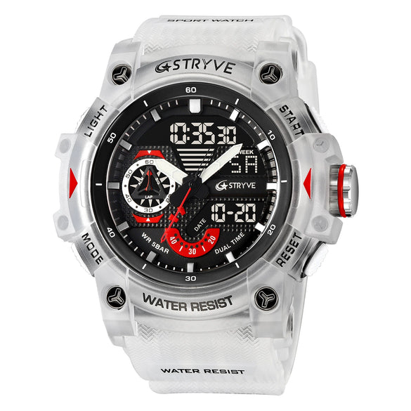 Multifunctional Waterproof Sports Watch For Men Resin Case Pu Strap Geometric Style Round Dial