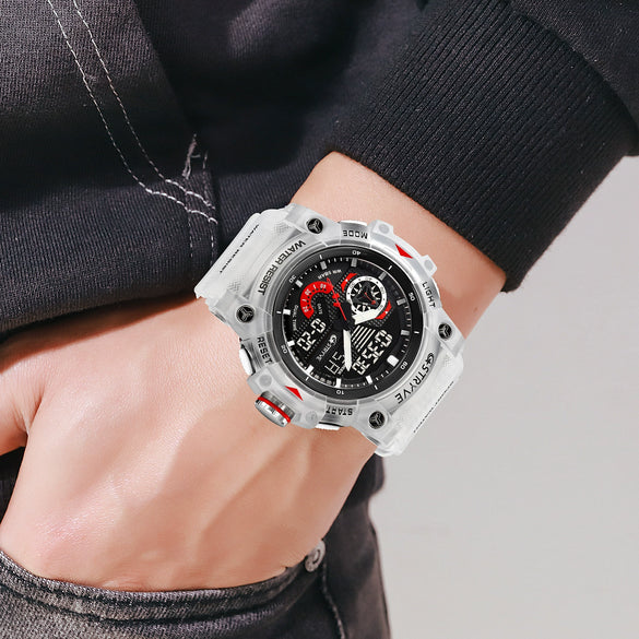 Multifunctional Waterproof Sports Watch For Men Resin Case Pu Strap Geometric Style Round Dial