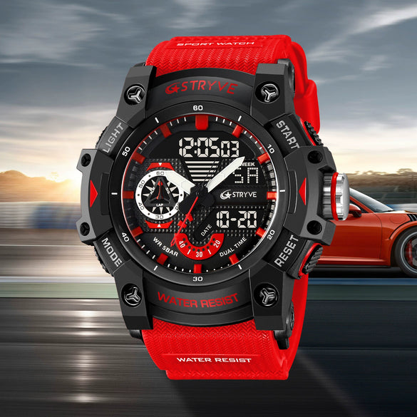 Multifunctional Waterproof Sports Watch For Men Resin Case Pu Strap Geometric Style Round Dial