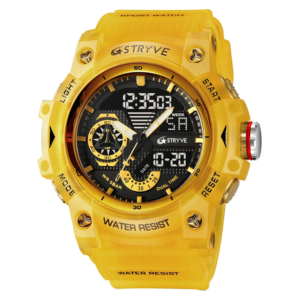 Multifunctional Waterproof Sports Watch For Men Resin Case Pu Strap Geometric Style Round Dial