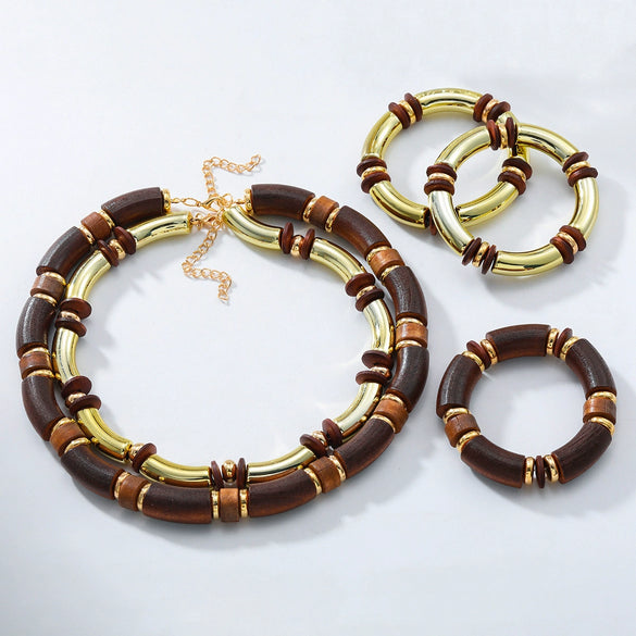 Multilayer Alloy Necklace And Bracelet Set For Women Fashion Style With Electroplating Geometric Design