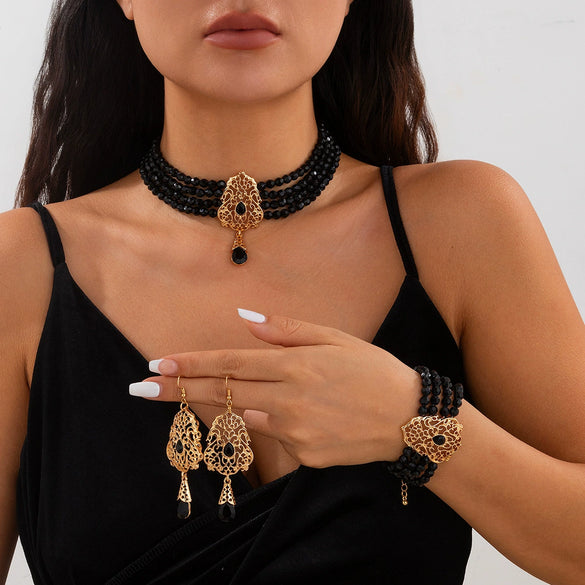Multilayer Crystal Choker Neck Chain For Women Metal Imitation Crystal Alloy Geometric Flower Drop Shape Jewelry