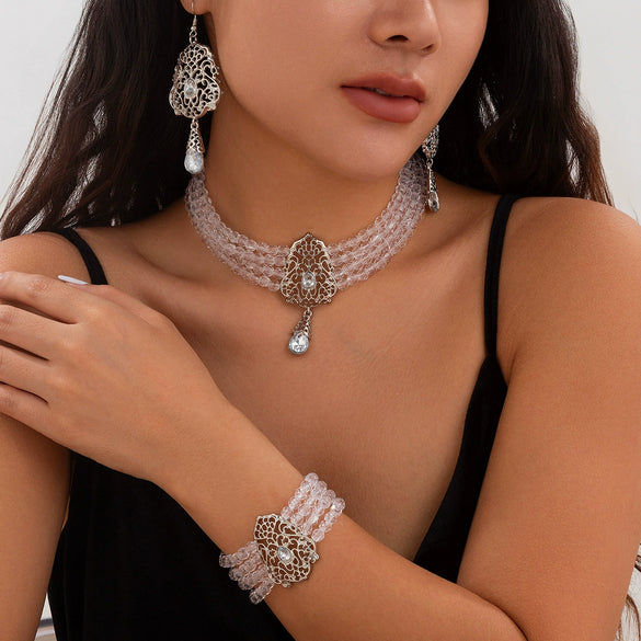 Multilayer Crystal Choker Neck Chain For Women Metal Imitation Crystal Alloy Geometric Flower Drop Shape Jewelry
