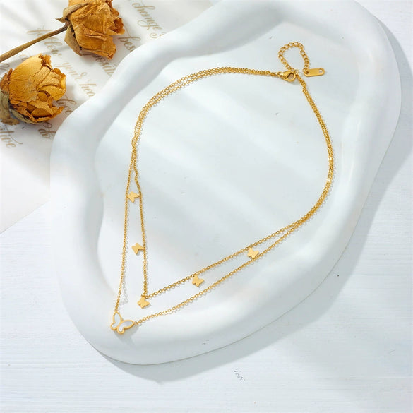 Multilayer Geometric Butterfly Titanium Steel Necklace With Electroplating For Unisex Elegant Light Luxury Niche Design
