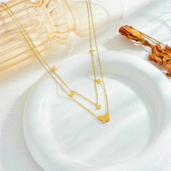 Multilayer Geometric Butterfly Titanium Steel Necklace With Electroplating For Unisex Elegant Light Luxury Niche Design