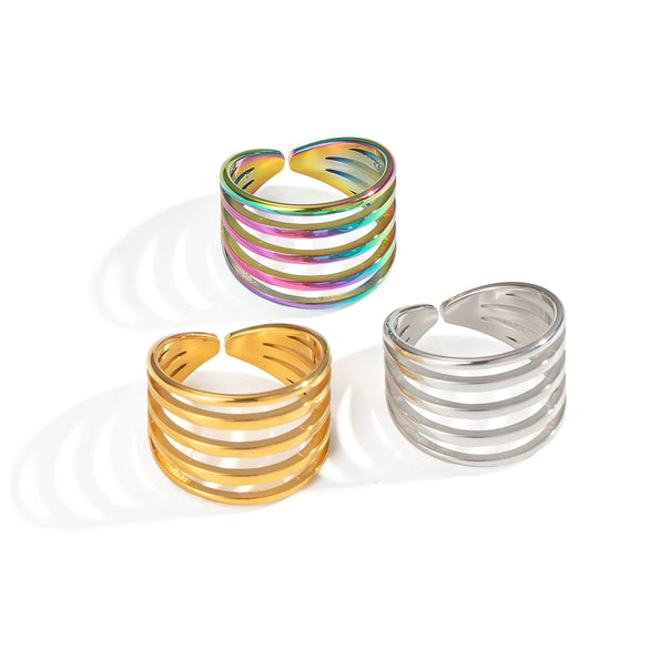Multilayer Geometric Ring For Girls Stainless Steel With 18K Real Gold Electroplating Simple Fashion Ins Popular Hand Jewelry Accessories