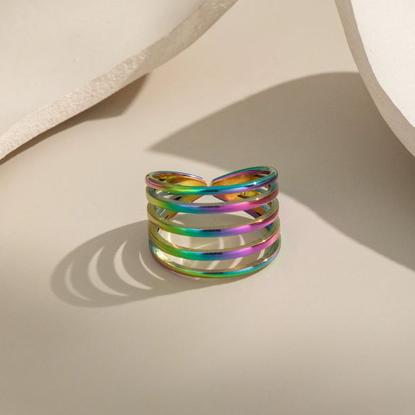 Multilayer Geometric Ring For Girls Stainless Steel With 18K Real Gold Electroplating Simple Fashion Ins Popular Hand Jewelry Accessories