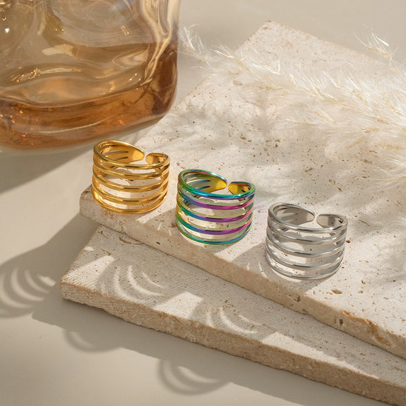 Multilayer Geometric Ring For Girls Stainless Steel With 18K Real Gold Electroplating Simple Fashion Ins Popular Hand Jewelry Accessories