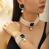Multilayer Imitation Pearl Geometric Crystal Jewelry Set Necklace Earring Bracelet Handmade