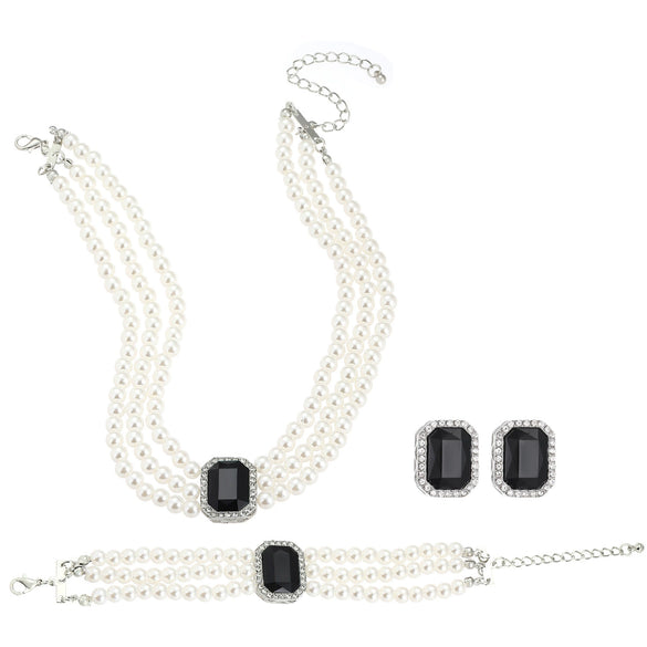 Multilayer Imitation Pearl Geometric Crystal Jewelry Set Necklace Earring Bracelet Handmade