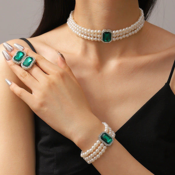 Multilayer Imitation Pearl Geometric Crystal Jewelry Set Necklace Earring Bracelet Handmade
