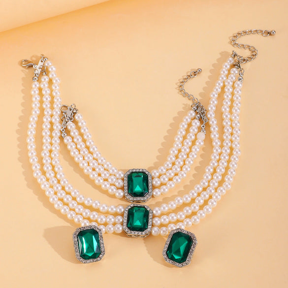 Multilayer Imitation Pearl Geometric Crystal Jewelry Set Necklace Earring Bracelet Handmade