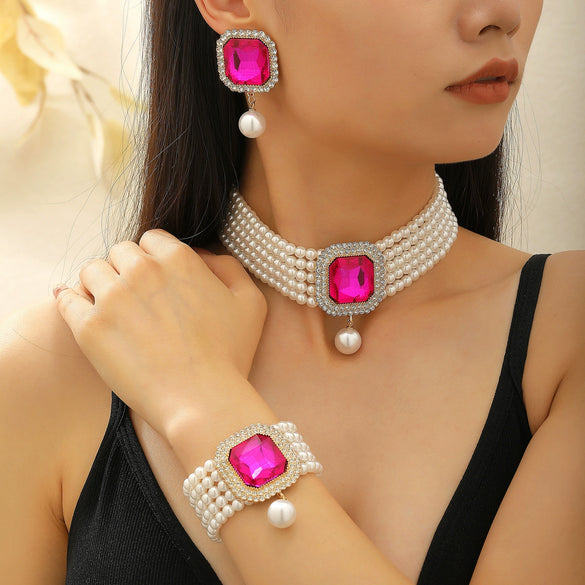 Multilayer Imitation Pearl Geometric Crystal Jewelry Set Necklace Earring Bracelet Handmade