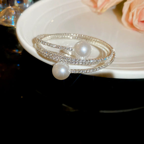 Multilayer Irregular Open Bracelet Set With Diamonds And Imitation Pearls Light Luxury Jewelry