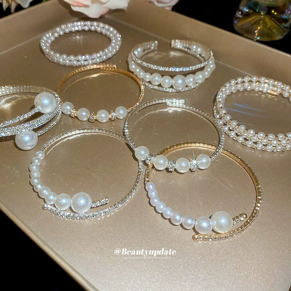 Multilayer Irregular Open Bracelet Set With Diamonds And Imitation Pearls Light Luxury Jewelry