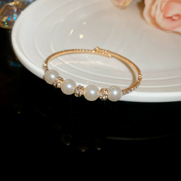Multilayer Irregular Open Bracelet Set With Diamonds And Imitation Pearls Light Luxury Jewelry