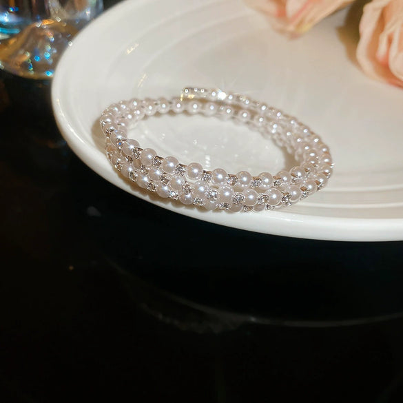 Multilayer Irregular Open Bracelet Set With Diamonds And Imitation Pearls Light Luxury Jewelry