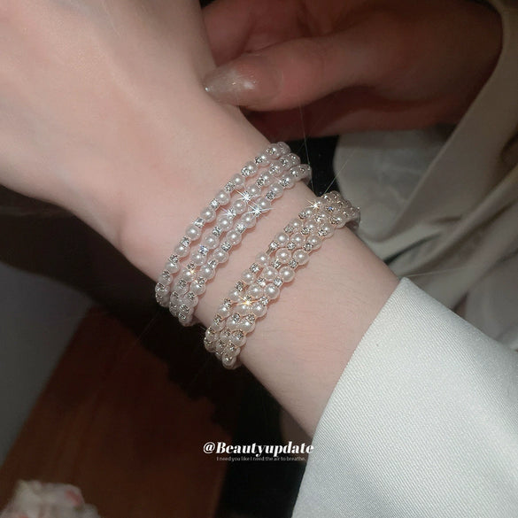 Multilayer Irregular Open Bracelet Set With Diamonds And Imitation Pearls Light Luxury Jewelry