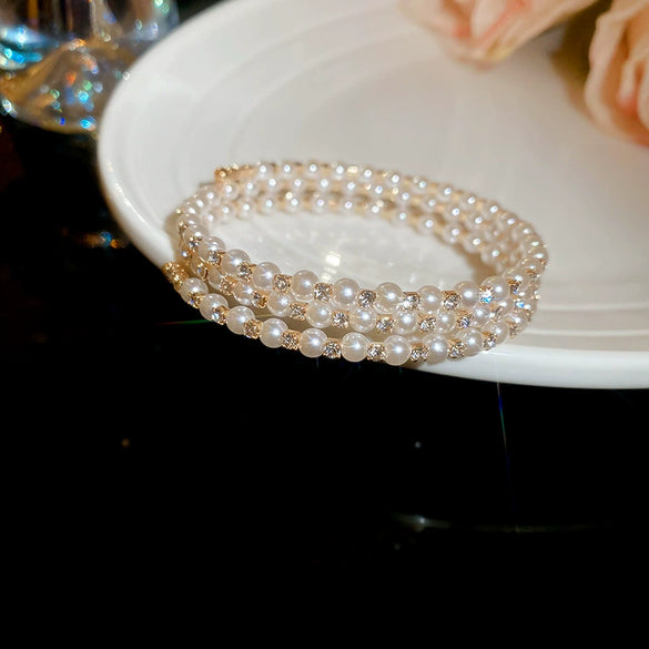 Multilayer Irregular Open Bracelet Set With Diamonds And Imitation Pearls Light Luxury Jewelry