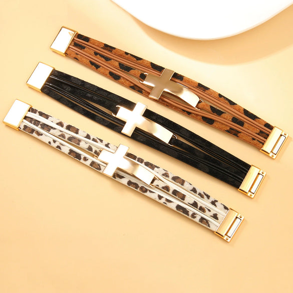 Multilayer Leather Widebrim Bracelet Alloy Geometric Electroplating Unisex
