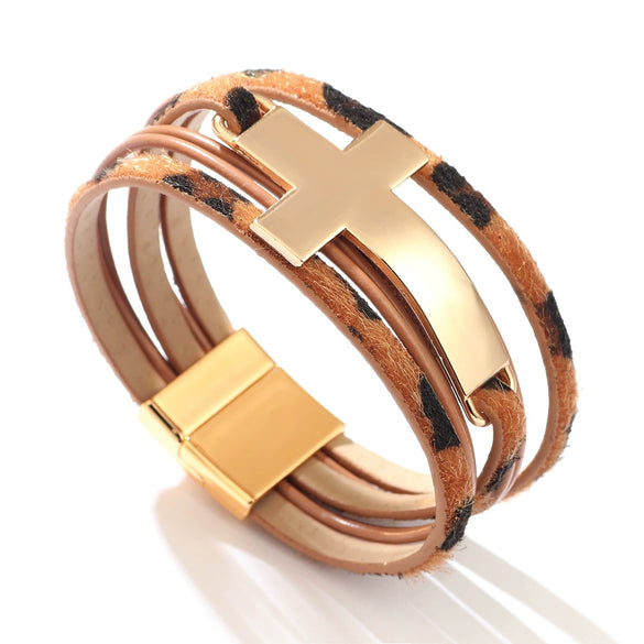 Multilayer Leather Widebrim Bracelet Alloy Geometric Electroplating Unisex