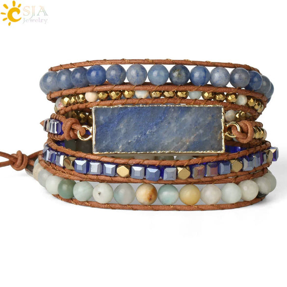 Multilayer Leather Wrap Bracelet With Natural Crystal Hematite Beads Bohemian Style
