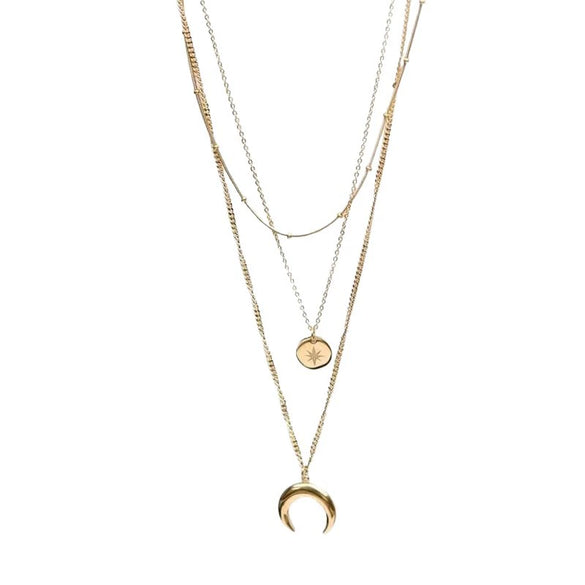 Multilayer Necklace With Star Moon Pendant In Titanium Steel Electroplated Simple Temperament Water Wave Chain