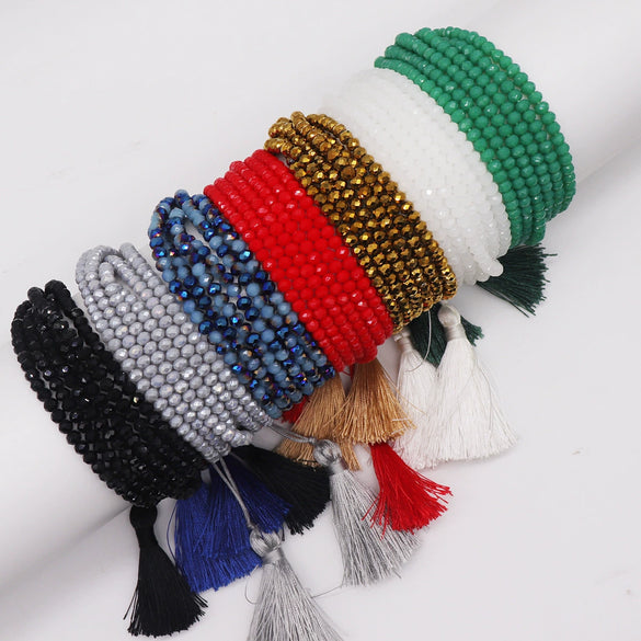 Multilayer Round Handmade Beaded Bracelet With Tassel Glass Glaze Geometric Personality Style Unisex