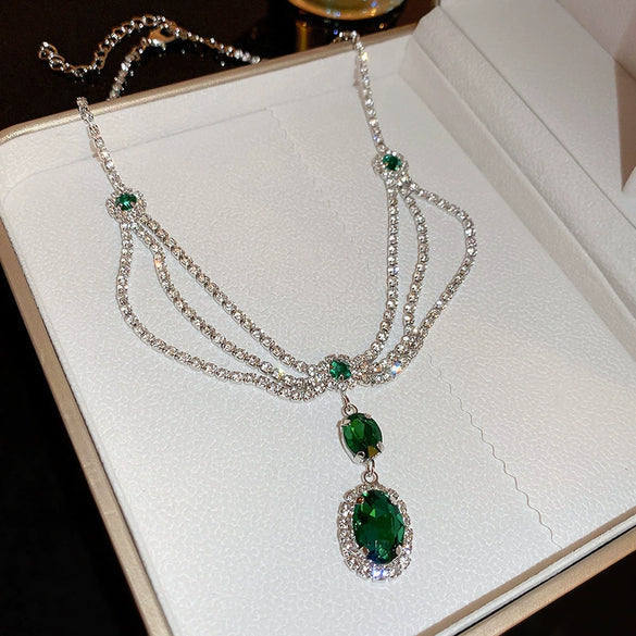 Multilayer Silver Needle Diamond Necklace And Earrings Set With Rhinestone Love Water Drops Bell Pattern For Women Highgrade Elegant Retro Jewelry